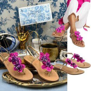 🆕 CHICO'S 🧿 NWOB Sunset Flower Sandal, Pink Hand Beaded Flower Detail - Sz 7US